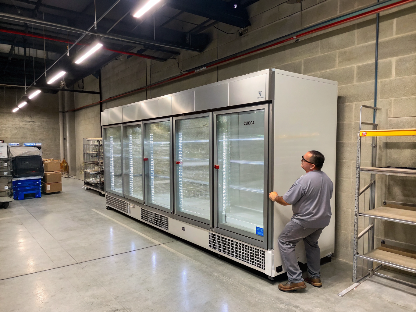 Technician inspecting commercial freezer compressor motor