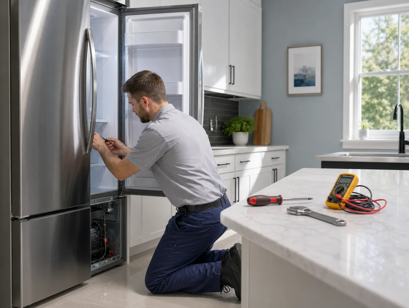 Appliance repair technician diagnosing electrical components