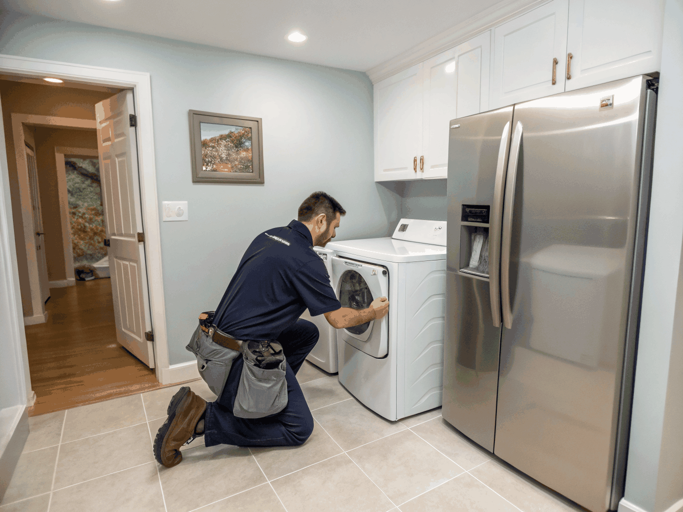 Technician testing an appliance drain pump and drainage line