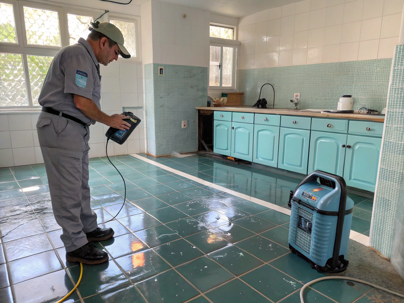 Technician diagnosing water leak underneath a residential kitchen appliance in Lawrenceville