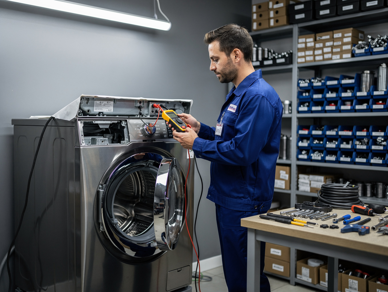 Technician testing electrical control board and power supply on home appliance with a multimeter