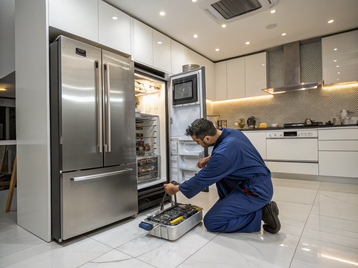 Technician repairing a commercial reach-in freezer in a commercial kitchen