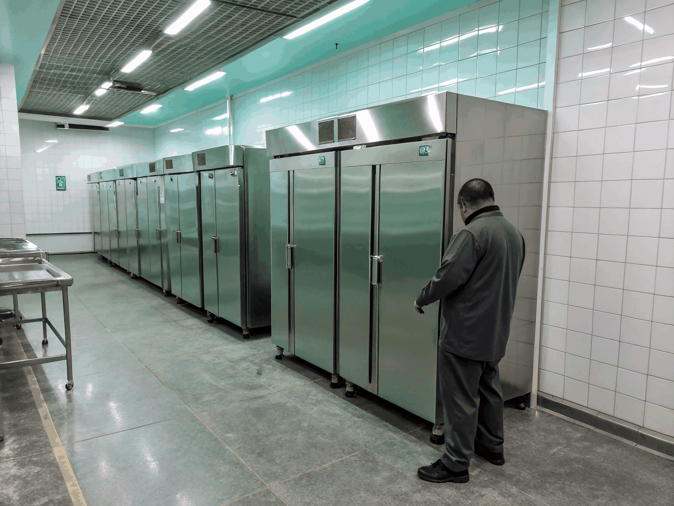 Commercial freezer repair technician inspecting refrigeration system