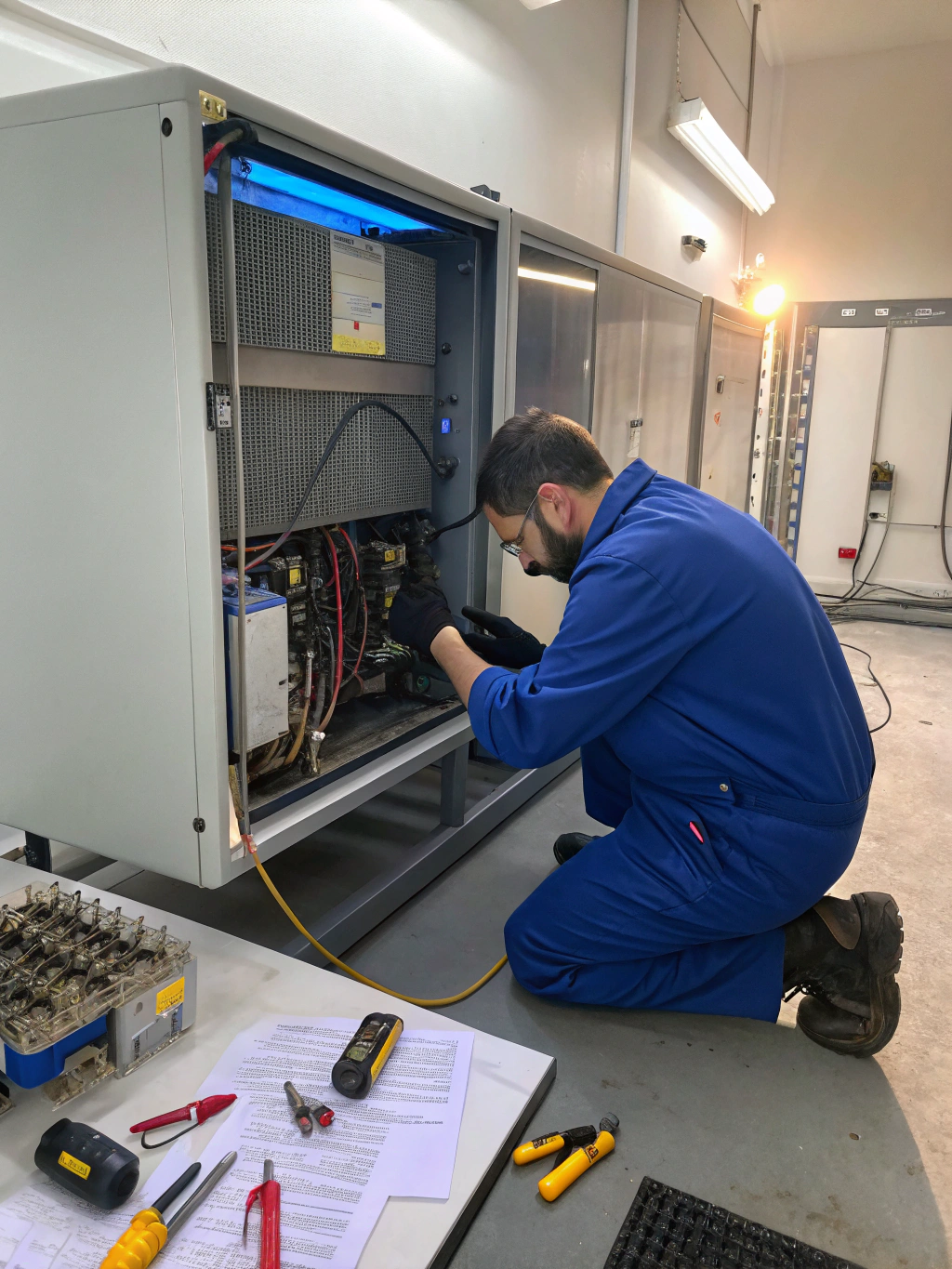 Technician repairing a commercial walk-in cooler in Lawrenceville GA