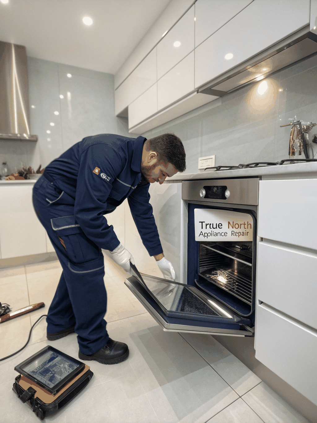 Professional technician inspecting and repairing a kitchen cooktop burner