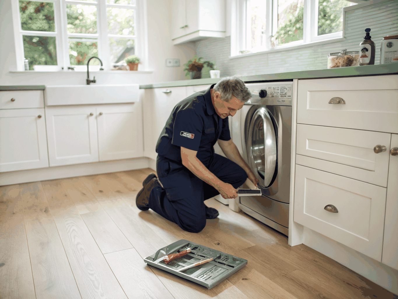 Certified technician inspecting modern stainless steel dishwasher in kitchen