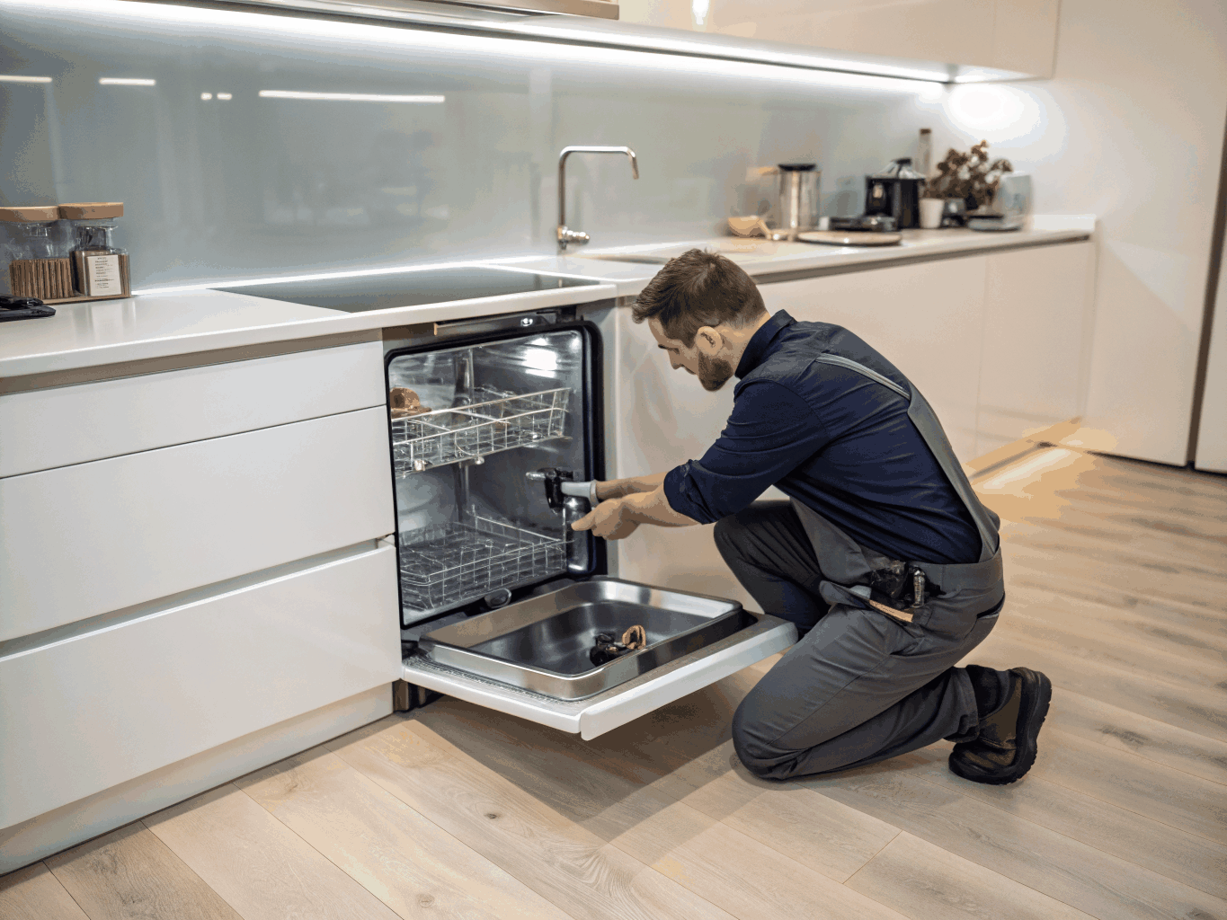 Appliance repair technician inspecting and fixing a modern dishwasher in Lawrenceville