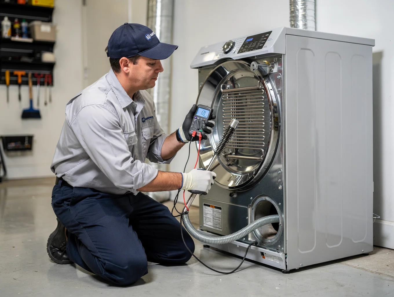 Appliance repair specialist testing gas dryer thermal fuse component