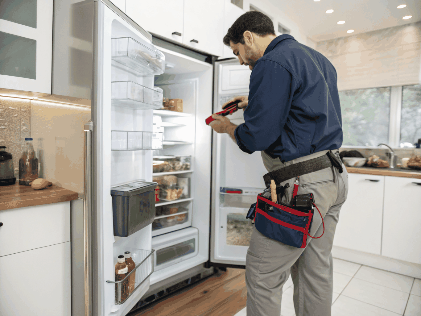 Upright residential freezer being serviced with digital diagnostic gauges