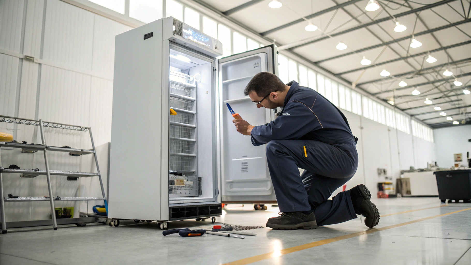 Appliance repair expert servicing a residential refrigerator ice maker unit