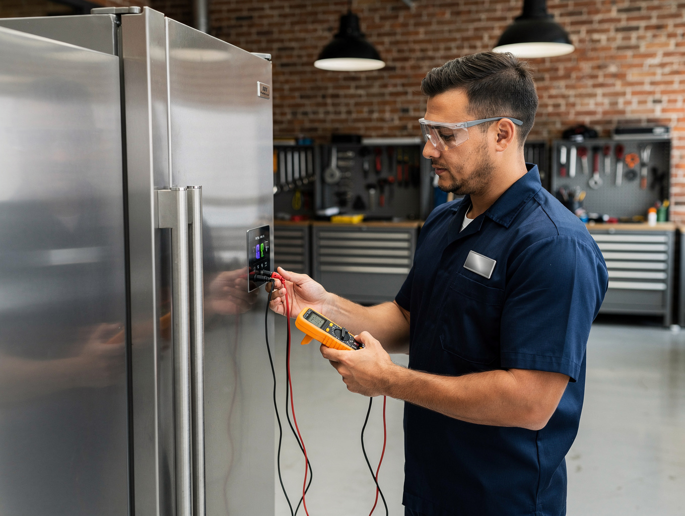 Appliance repair technician inspecting refrigerator ice maker system