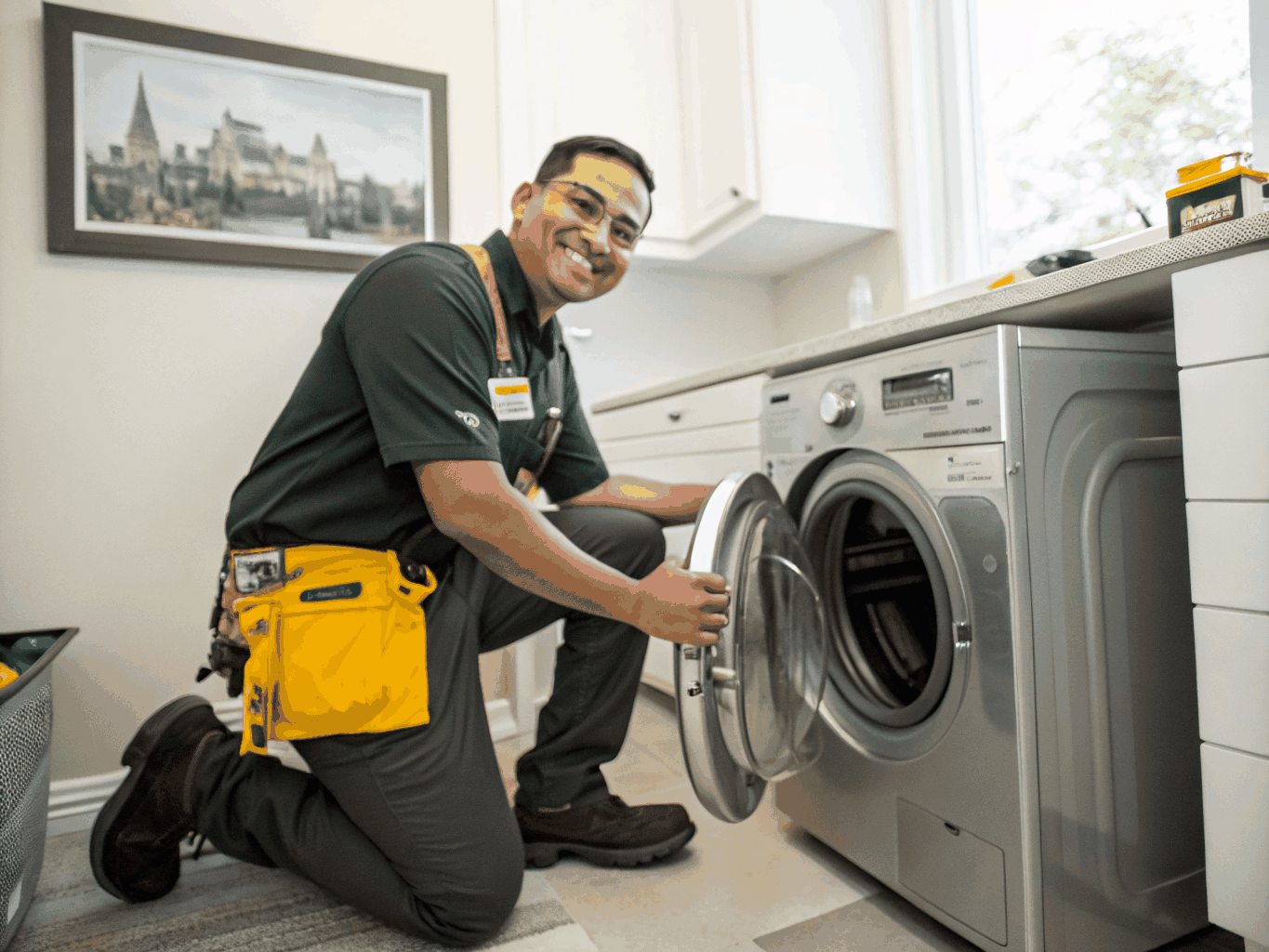 Professional appliance repair technician servicing a residential unit in Lilburn