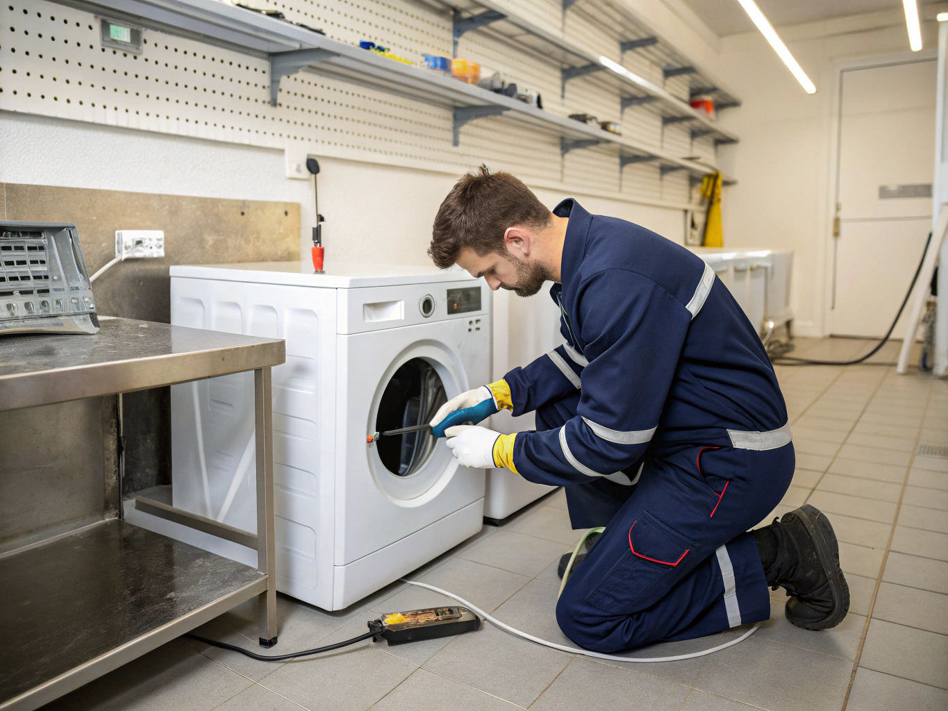 Technician testing motor bearing noise and washer vibration balance