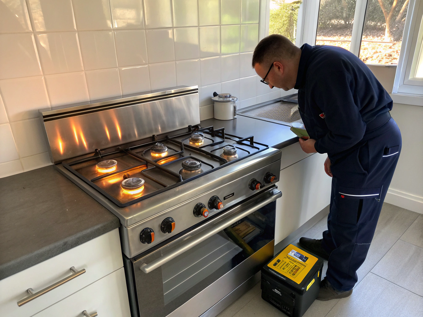 Appliance specialist testing gas range burner and oven heating elements