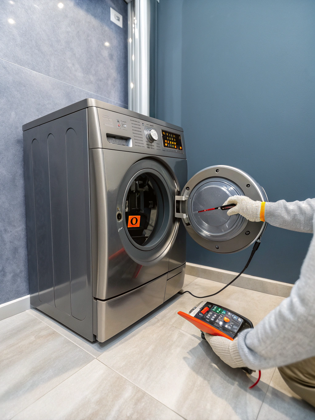 Technician inspecting modern front-load steam washing machine in Lawrenceville