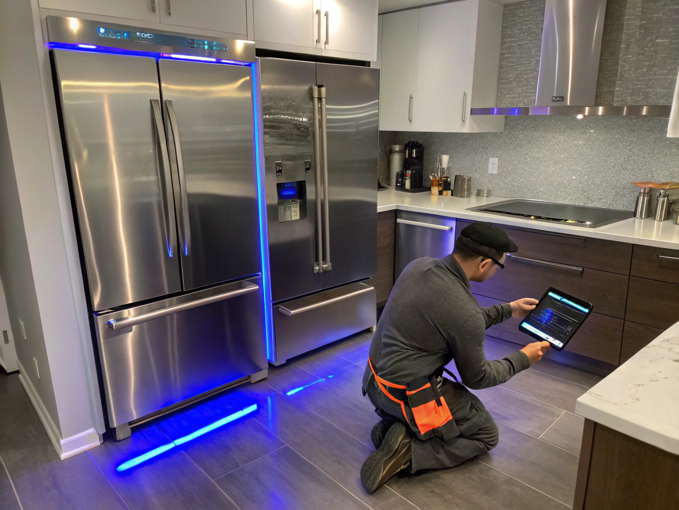 Technician inspecting a professional gas range stove in a kitchen