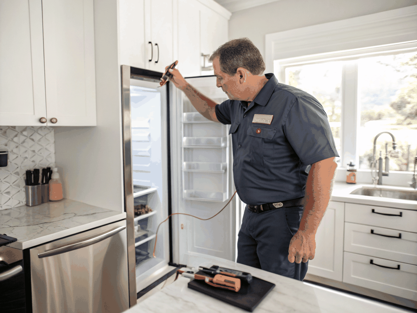 Technician inspecting a modern residential refrigerator in Lawrenceville