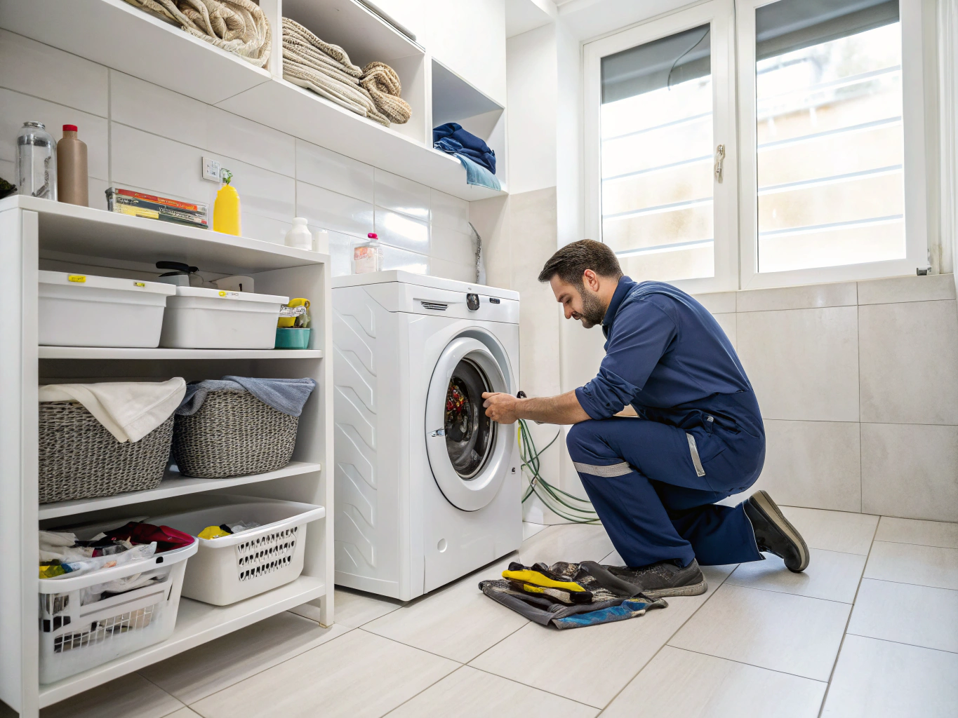 Front load washing machine drum and motor assembly inspection