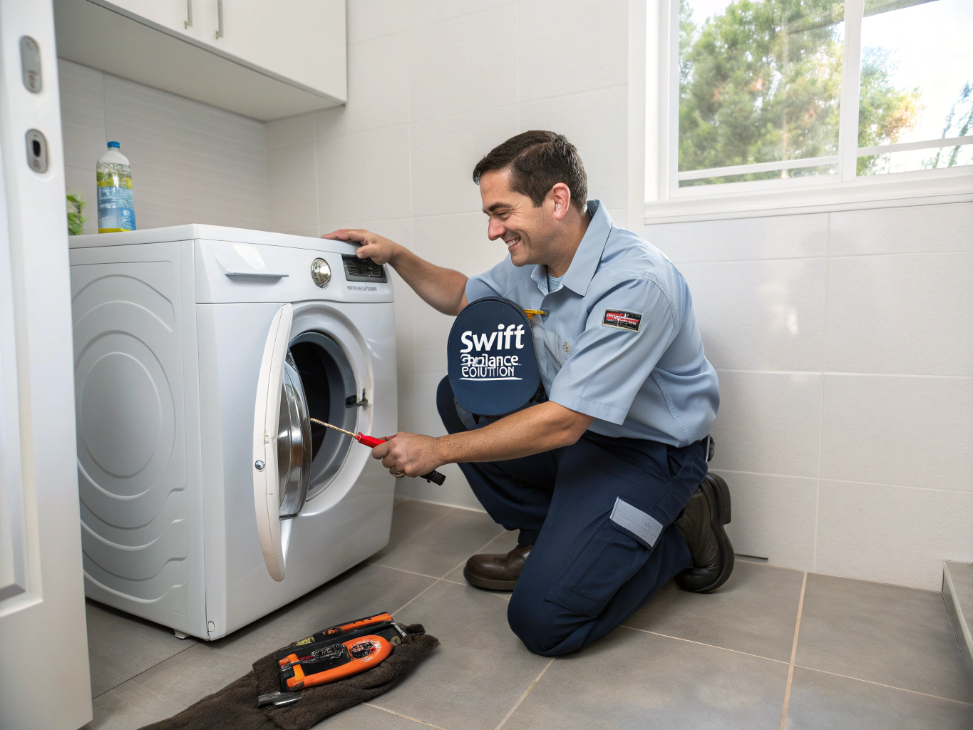 Professional technician inspecting and repairing a modern washing machine in Lawrenceville