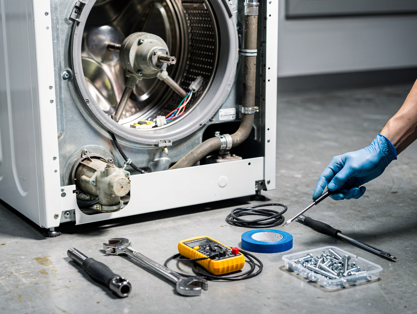 Close up of washing machine drum maintenance and diagnostics